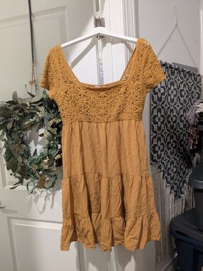 Women's Bohemian Mustard Medallion Crochet Dress Boho Size Large